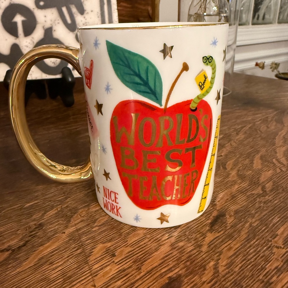Rifle Paper Co. World's Best Teacher Mug from Anthro— Red Apple with Gold Handle